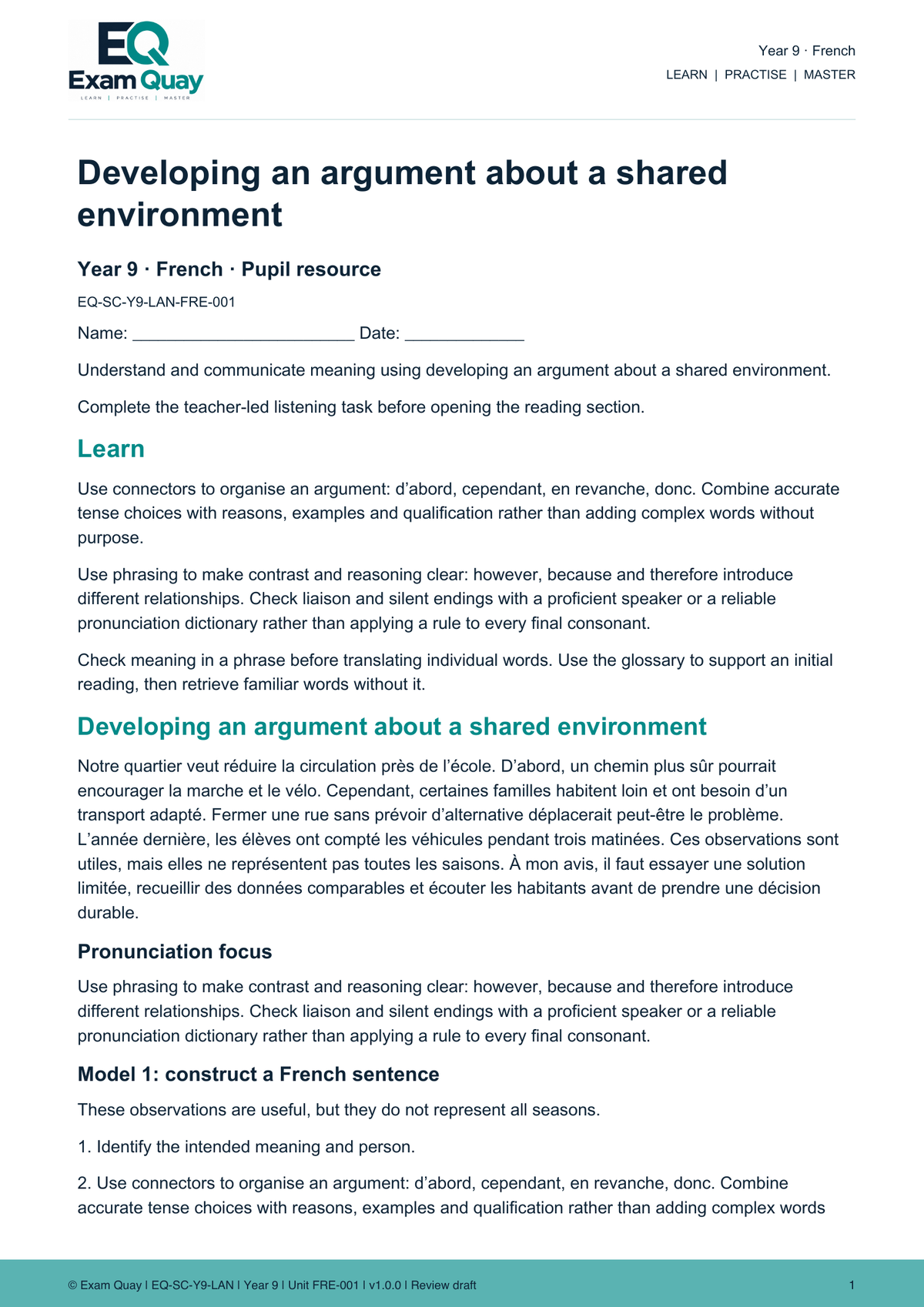 Year 9 French | Exam Quay School Curriculum