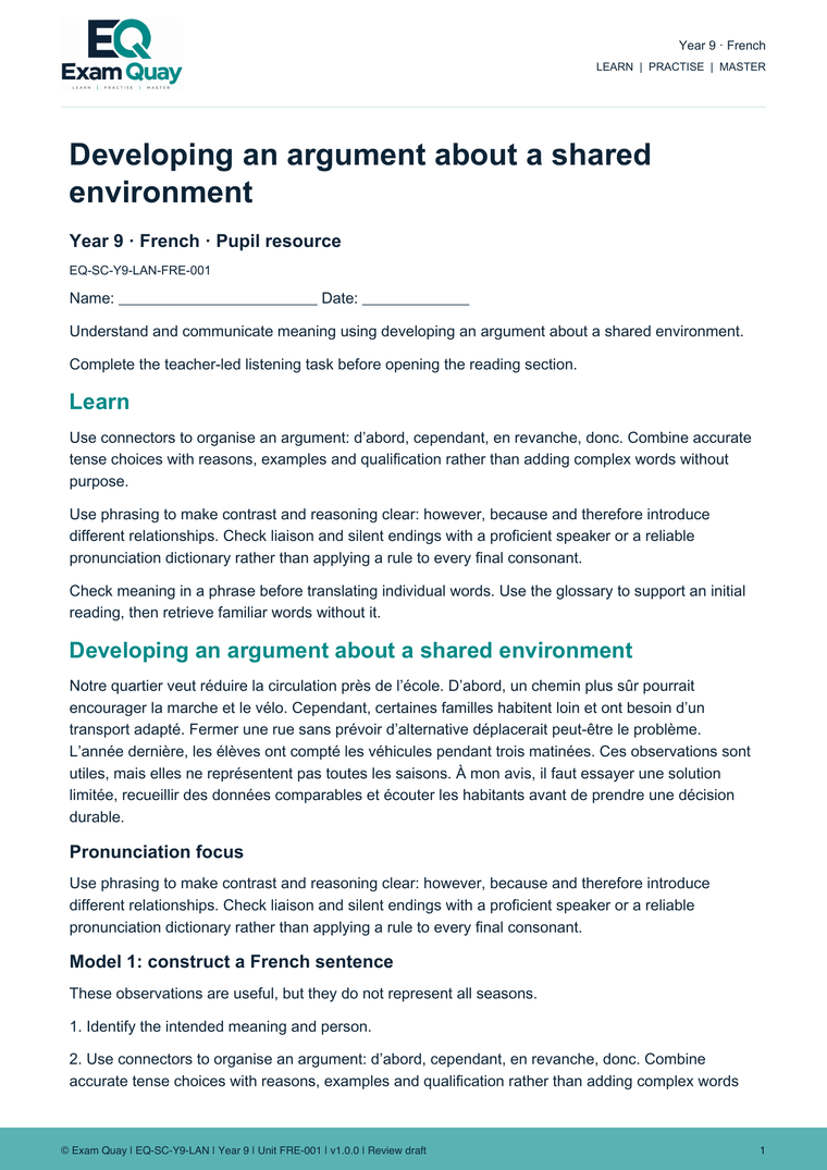 Year 9 French | Exam Quay School Curriculum