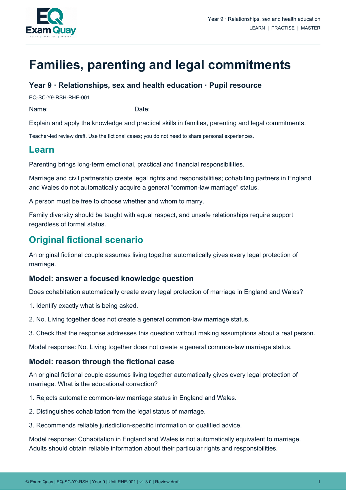 Year 9 Relationships, sex and health education | Exam Quay School Curriculum