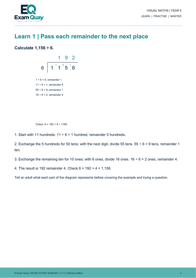 Bus-stop division and remainders | Year 5 | Exam Quay