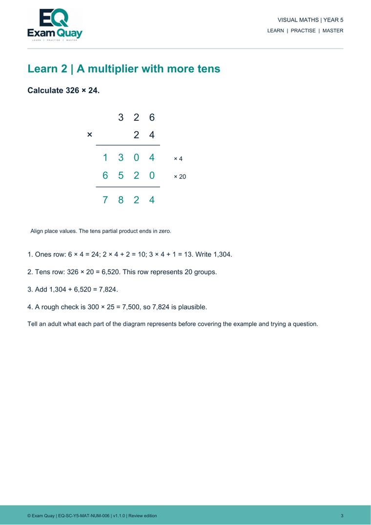 Long multiplication, one row at a time | Year 5 | Exam Quay