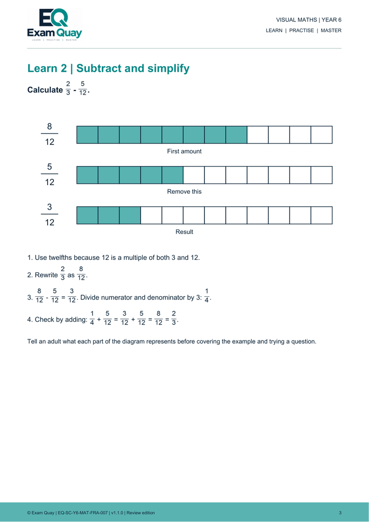 Adding and subtracting unlike fractions | Year 6 | Exam Quay